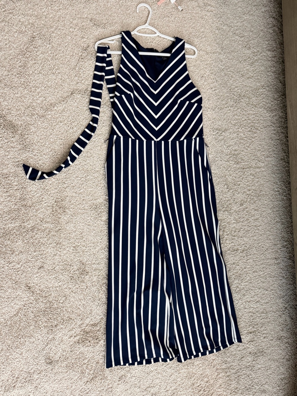 Ann Taylor Navy and White Striped Maxi Jumpsuit